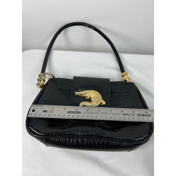 Black Croc Embossed Shoulder Bag With Gold Alligator Detail By Bueno - Picture 9 of 11